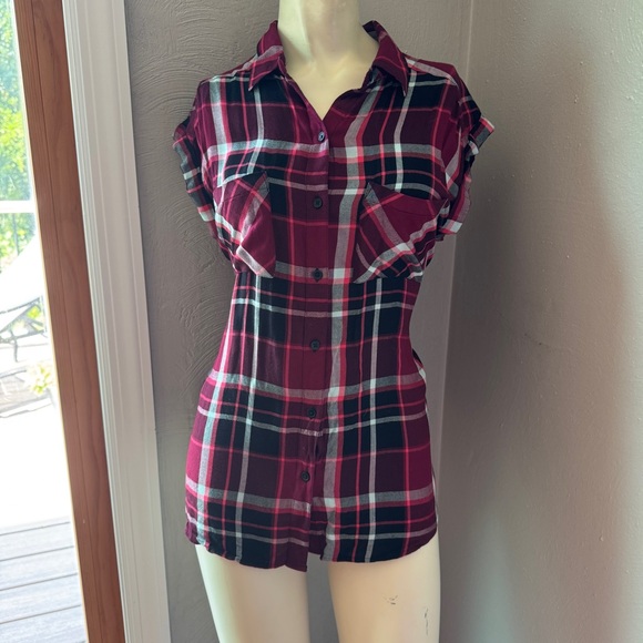 Express flannel roll up biker sleeve button down size xs nwt red flannel - Picture 1 of 10